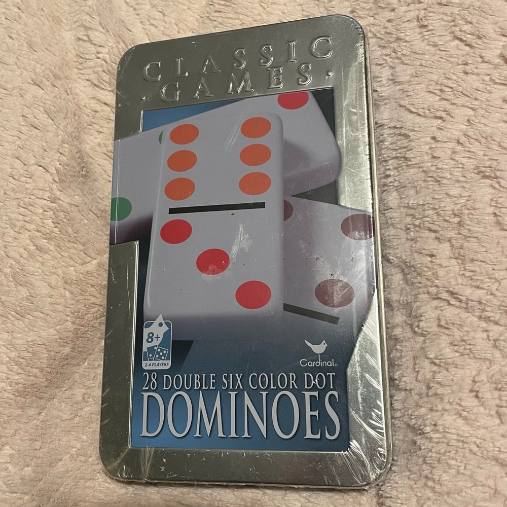 NWT factory sealed Double six color dot Dominoes game in metal tin Family fun